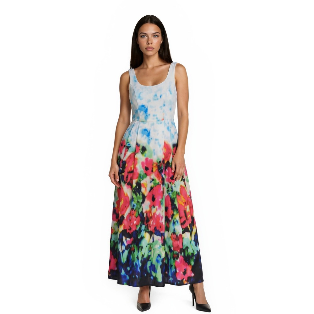 Nicole Miller Dress Women's Size 12 Multicolor Floral Pleated Maxi Sleeveless